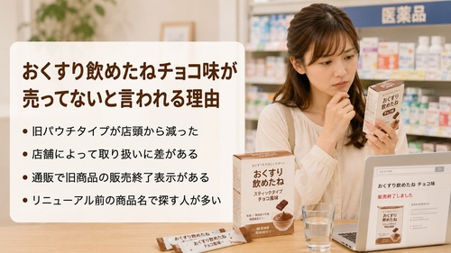 おくすり飲めたねチョコ味が売ってないと言われる理由として、旧タイプや店舗在庫、通販表示について説明する画像