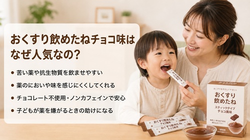 おくすり飲めたねチョコ味が苦い薬や抗生物質を飲ませるときに使いやすい理由を説明する画像