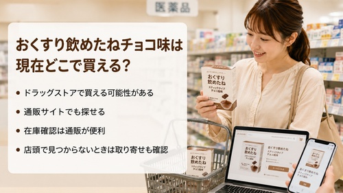 おくすり飲めたねチョコ味をドラッグストアや通販サイトで探せることを説明する画像