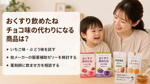 おくすり飲めたねチョコ味が見つからないときに、いちご味やぶどう味、他の服薬補助ゼリーを検討する画像