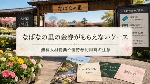 なばなの里の入村口と各種チケットを背景に金券が付かないケースを紹介する画像