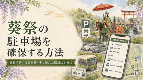 葵祭の駐車場を確保する方法を紹介する画像。事前予約や複数候補、少し離れた駅周辺の利用を案内。