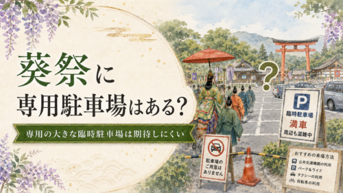 葵祭の専用駐車場について説明する画像。専用の大きな臨時駐車場は期待しにくいことを案内。