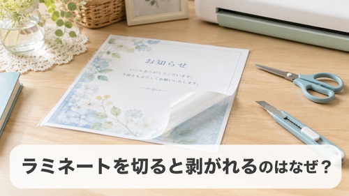 ラミネートを切ると端から剥がれる理由を説明するための、ラミネートフィルムとカット道具のイメージ画像