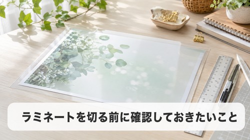 ラミネートを切る前に冷ますことやズレ、気泡を確認する様子を表した画像