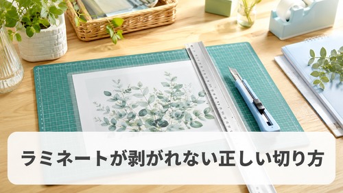 ラミネートを剥がれにくくきれいに切るためのカッターやハサミを使った作業イメージ画像