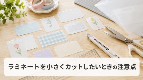 小さなカードや教材用にラミネートをカットするときの注意点をイメージした画像