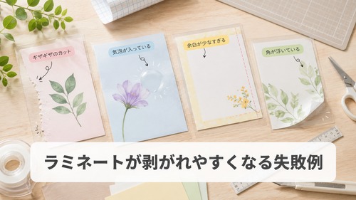ラミネートが剥がれやすくなる失敗例やカット時の注意点を表した画像